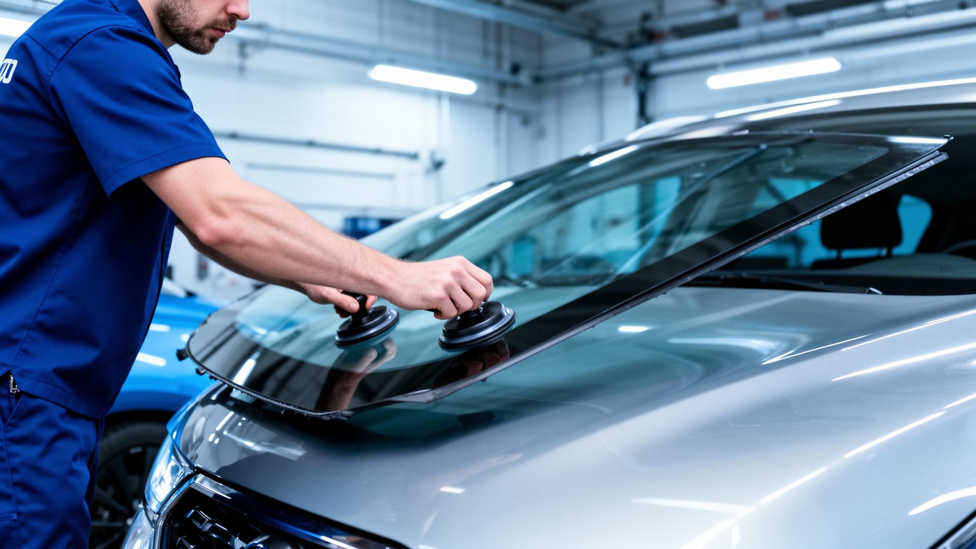 Técnico instalando parabrisas