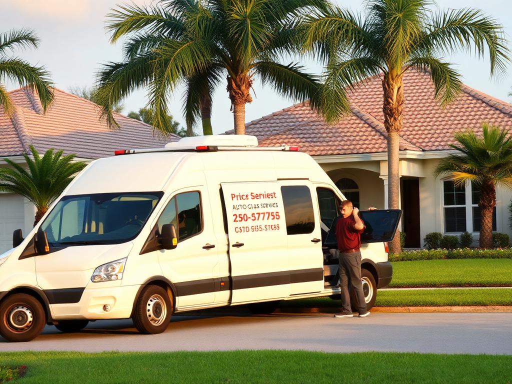 Van de servicio móvil de vidrio automotriz frente a una casa